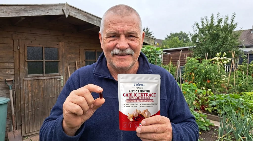 A man in his garden holding a pack of Orlena Agliovita and a capsule