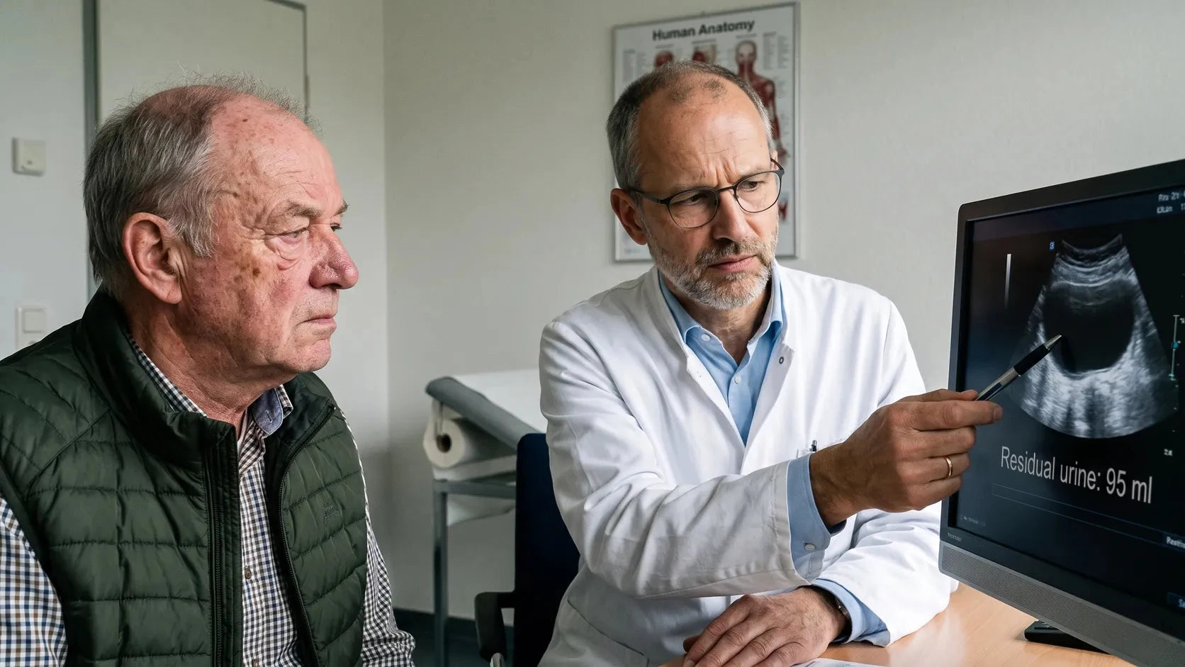 Dr Mark Rowley shows a patient a residual urine volume of 95 ml on an ultrasound scan